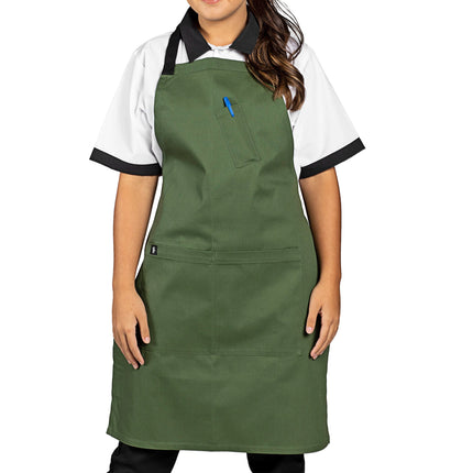 Tạp dề yếm vải poly-cotton có thể tùy chỉnh Uncommon Chef 3128 Surge xanh lá biển, dây viền đen và 3 túi