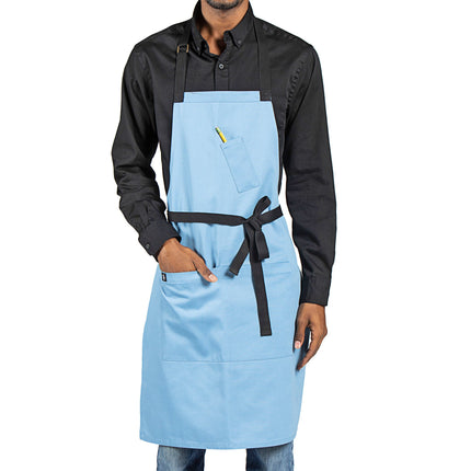 Tạp dề yếm vải poly-cotton có thể tùy chỉnh Uncommon Chef 3128 Surge xanh xám, dây viền đen và 3 túi