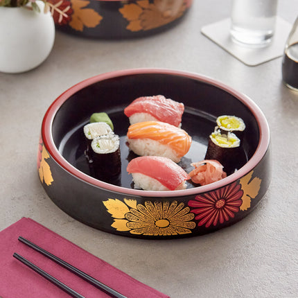 Khay sushi decal hoa đen viền đỏ Emperor's Select 24 cm