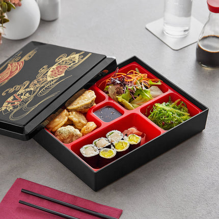 Hộp bento 5 ngăn Emperor's Select 27 x 20 cm màu đen kèm khay đỏ tháo rời và nắp