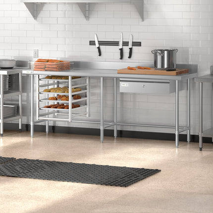 Bàn thao tác inox chân hở 304 gauge 14 tấm chắn sau 10 cm Regency Spec Line Easy Attach 61 x 213 cm