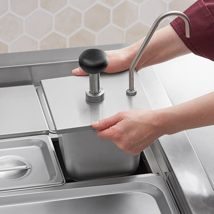 Bình phân phối gia vị dạng bơm ServSense inox 12 ml kèm khay hotel pan cỡ 1/6 Vigor