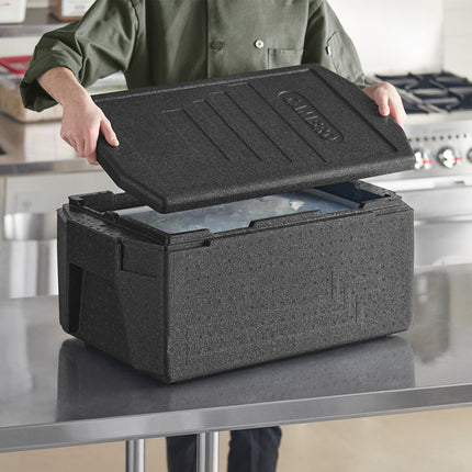 Thùng giữ nhiệt EPP nạp trên tay cầm lớn Cambro Cam GoBox full-size sâu 20 cm kèm khay trong mờ và nắp đậy
