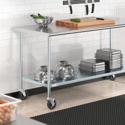 Bàn thao tác thép không gỉ 430 18 gauge có kệ dưới và bánh xe Steelton 76 x 183 cm