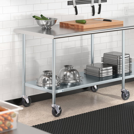 Bàn thao tác thép không gỉ 430 18 gauge có kệ dưới và bánh xe Steelton 76 x 244 cm