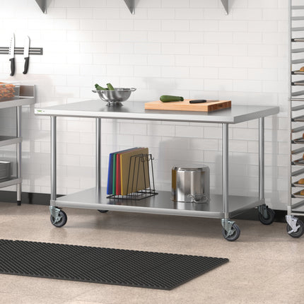 Bàn thao tác thép không gỉ 304 16 gauge có kệ dưới và bánh xe Regency 91 x 152 cm