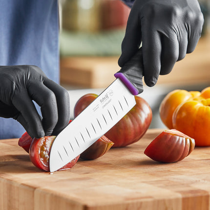 Dao bếp Santoku Schraf 18 cm lưỡi Granton cán TPRgrip tím không gây dị ứng