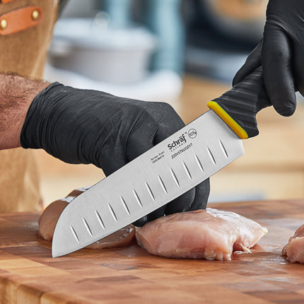 Dao Santoku lưỡi granton Schraf 17,8 cm cán TPRgrip vàng