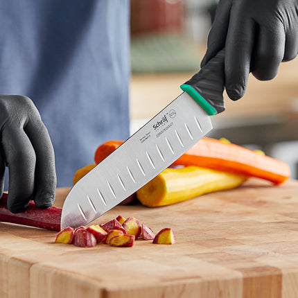 Dao Santoku Schraf 18 cm lưỡi Granton cán TPRgrip xanh lá