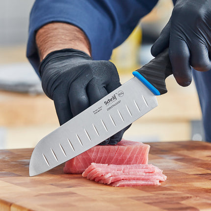 Dao châu Á Schraf 17,8 cm Granton viền Santoku Knife xanh dương TPRgrip tay cầm
