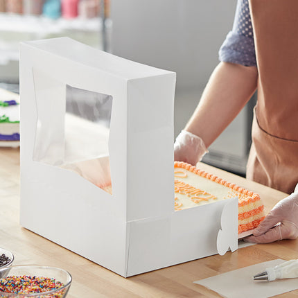 Hộp bánh có cửa sổ bật tự động Baker Lane 36 x 25 x 10 cm trắng cỡ 1/4 khay, tùy chỉnh - Thùng 100 cái