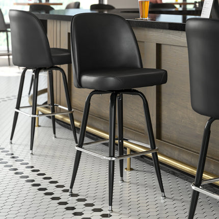 Ghế quầy bar xoay Lancaster Table & Seating màu đen, mặt ngồi vinyl đen kiểu bucket