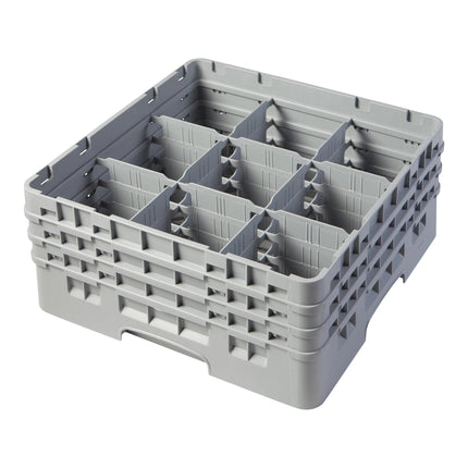 Giá đựng ly 9 ngăn màu xám Cambro Camrack 9S638151 cỡ đầy đủ cao 17,5 cm kèm 3 ngăn nối