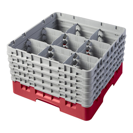 Giá đựng ly 9 ngăn màu đỏ Cambro Camrack 9S958163 cỡ đầy đủ cao 25,7 cm kèm 5 ngăn nối