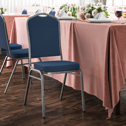 Ghế tiệc lưng vương miện xếp chồng Lancaster Table & Seating bọc vải navy khung ánh bạc