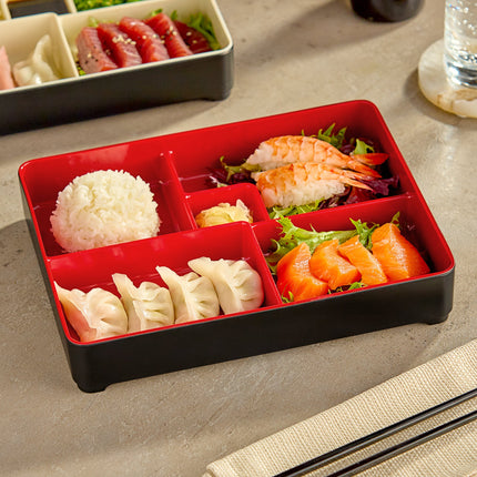 Hộp bento melamine hai tông màu Elite Global Solutions JW11852T Karma đen và đỏ 27,3 x 21,3 cm