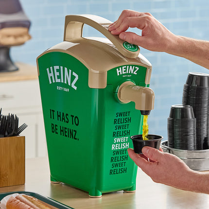 Bình phân phối dạng bơm Heinz Keystone nhựa xanh lá đặt bàn 5,7 lít kèm 2 túi mứt dưa chua ngọt Heinz