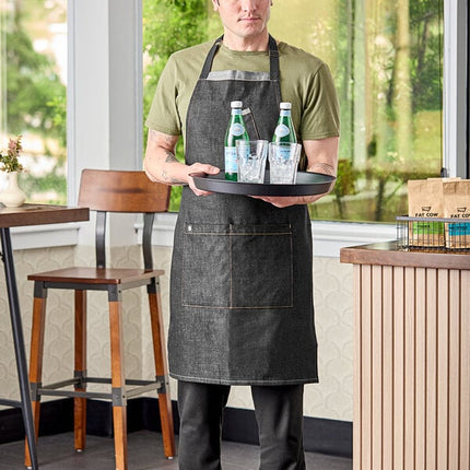 Tạp dề yếm vải denim có thể tùy chỉnh Uncommon Chef 3128 Black Cat Surge đen, dây viền đen và 3 túi