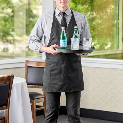Tạp dề tuxedo cổ V vải twill poly-cotton có thể tùy chỉnh Uncommon Chef 3041 đen, dây cổ điều chỉnh và 2 túi