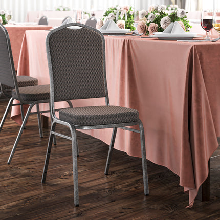 Ghế tiệc xếp chồng lưng vương miện vải hoa văn đen khung bạc Lancaster Table & Seating