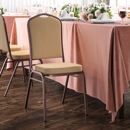 Ghế tiệc xếp chồng Lancaster Table & Seating lưng vương miện bọc vải nâu vàng khung vân đồng