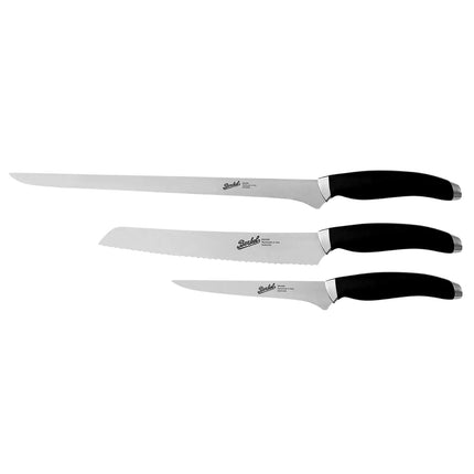 (3 pieces) BERKEL | Teknica Professional Knife Set – Black Resin Handles – Ham, Bread & Boning – 3 mm Steel Blades