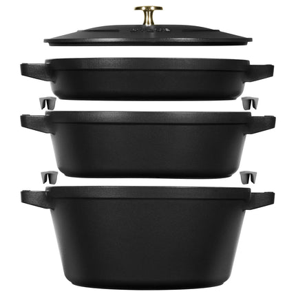 (3 pieces) STAUB | Stackable Cast Iron Cocotte & Pan Set – Ø 24 cm - Black - Enamelled + Lid