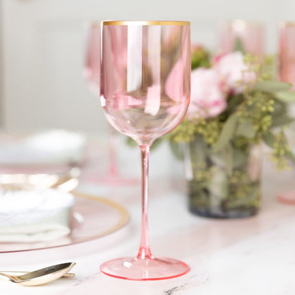 Ly rượu vang nhựa tròn màu hồng viền vàng Posh Setting 355 ml - Thùng 60 cái