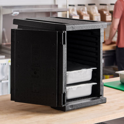 Thùng giữ nhiệt EPP nạp trước Cambro Cam GoBox đen - chứa tối đa 6 khay full-size