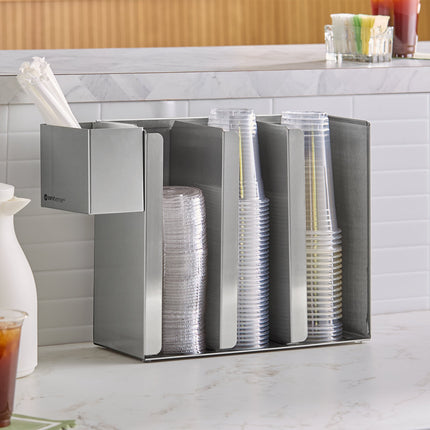 Trụ đựng ly / nắp ly cao 3 ngăn điều chỉnh gắn tường / để bàn bằng thép không gỉ kèm ngăn ống hút ServSense