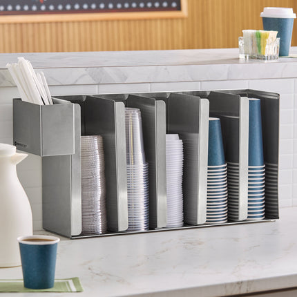Trụ đựng ly / nắp ly cao 5 ngăn điều chỉnh gắn tường / để bàn bằng thép không gỉ kèm ngăn ống hút ServSense