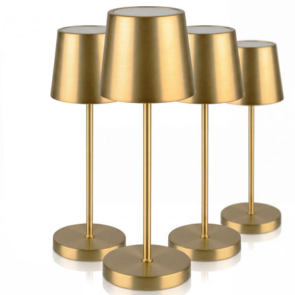 (4 pcs) LED Table Lamp - GGM Gastro MERLE MINI - Rechargeable - Cordless - 3-step dimmable - Ø110mm - Gold - with Charging Dock