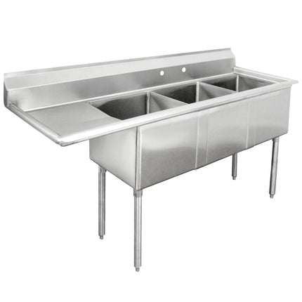 Bồn rửa công nghiệp 3 ngăn kèm mặt để ráo bên trái Advance Tabco FE-3-1620-18-X 174 cm