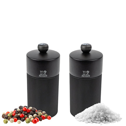 (6 pieces) PEUGEOT | NIGHT CHIC LINE - Salt & Pepper Mill - Height: 120mm - Matte Black - incl. stainless steel funnel