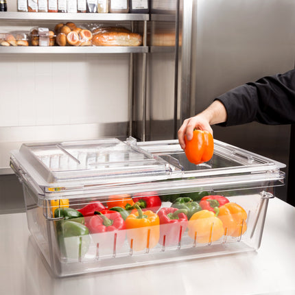 Bộ hộp đựng thực phẩm kèm rổ lọc nhựa polycarbonate trong suốt Cambro Camwear 18268CLRKIT135 66 x 46 x 23 cm