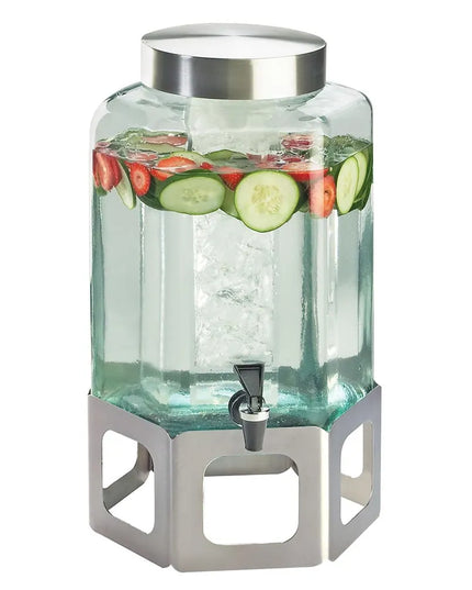 Bình Đựng Nước Thủy Tinh Cal-Mil 1111-55 Lục Giác 7.6 lít Ngăn Đá - Đế Inox Bạc