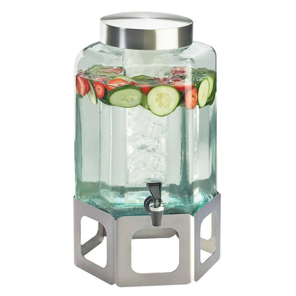 Bình Đựng Nước Thủy Tinh Cal-Mil 1111-55 Lục Giác 7.6 lít Ngăn Đá - Đế Inox Bạc
