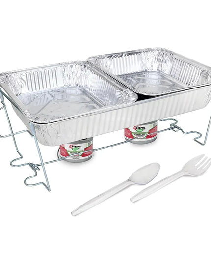 Bộ Buffet Sterno Kèm (2) Khay Đựng Thức Ăn Nửa Cỡ & Nhiên Liệu Hâm Nóng Nhôm 70370