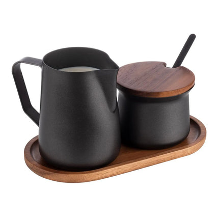 GGM Gastro (12 pcs) Milk and Sugar Set - 350ml - Wooden stand - Stainless steel; Acacia wood stand - Black