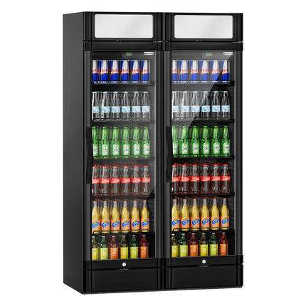 GGM Gastro (2 pcs) Commercial Beverage Display Fridge - 1190mm - 694 Litres - with 2 hinged glass doors - LED lighting - digital controller with temperature display - Black - Temperature range 2 to 10 °C