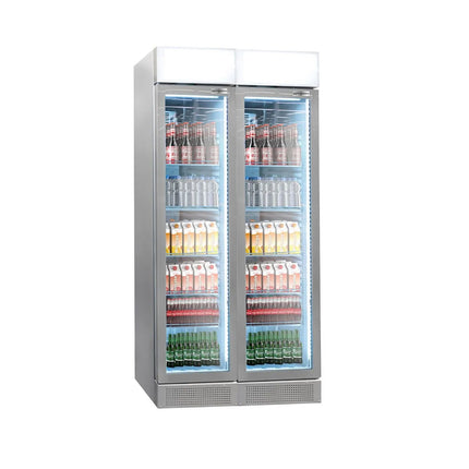 GGM Gastro (2 pcs) Commercial Beverage Display Fridge - 870mm - 190 Litres - with 2 hinged glass doors - LED lighting - digital controller with temperature display - Grey - Temperature range 1 to 10 °C