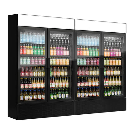 GGM Gastro (2 pcs) Commercial Beverage Display Fridge with Illuminated Canopy - 2400mm - 2096 Litres - with 4 hinged glass doors - LED lighting - Black - Temperature range 1 to 10 °C