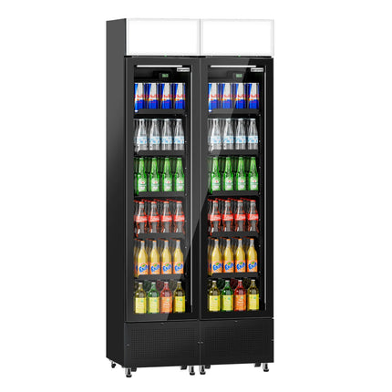 GGM Gastro (2 pcs) Commercial Beverage Display Fridge with Illuminated Canopy - 870mm - 290 Litres - with 2 hinged glass doors - LED lighting - digital controller with temperature display - Black - Temperature range 1 to 10 °C
