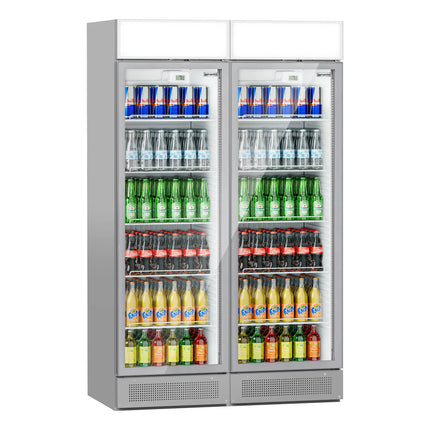 GGM Gastro (2 pcs) Commercial Beverage Display Fridge with Illuminated Canopy - 1190mm - 345 Litres - with 2 hinged glass doors - LED lighting - Grey - Temperature range 2 to 10 °C