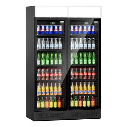 GGM Gastro (2 pcs) Commercial Beverage Display Fridge with Illuminated Canopy - 1190mm - 345 Litres - with 2 hinged glass doors - LED lighting - digital controller with temperature display - Black - Temperature range 2 to 10 °C