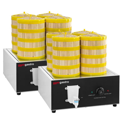 GGM Gastro (2 pcs) - Commercial Dim Sum & Dumpling Steamer - 2.5kW - Manual - incl. 32 Bamboo Baskets & 8 Lids
