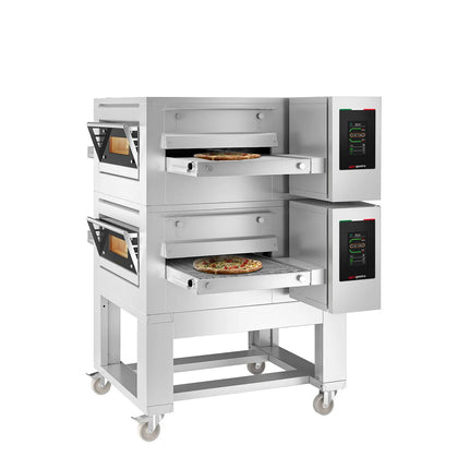 GGM Gastro (2 pcs) Electric Conveyor Pizza Oven - 1260x1750mm (126 cmx175 cm) - 230V 3 Phase - Touchscreen Controls - Belt width: 500mm (50 cm) - up to 350°C - with Base frame & Wheels