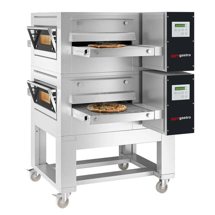GGM Gastro (2 pcs) Gas Conveyor Pizza Oven - 1260x1750mm (126 cmx175 cm) - 230V Single Phase - Digital Controls - Belt width: 500mm (50 cm) - up to 320°C - incl. Base frame & Wheels