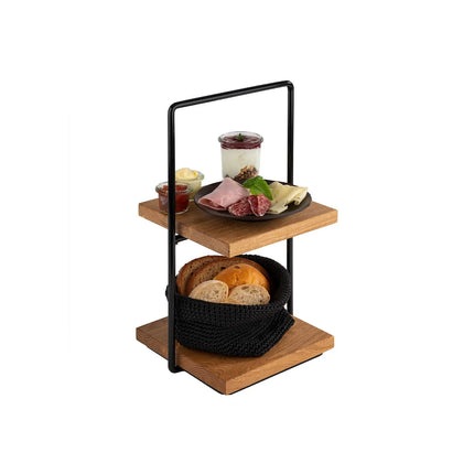 GGM Gastro 2-Tier Afternoon Tea Stand - PERFECTO SMALL - Square - Metal Frame - Oak Shelves