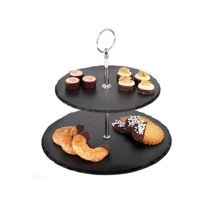 GGM Gastro 2-Tier Afternoon Tea Stand - Round - Chrome-Plated Frame - Slate Shelves